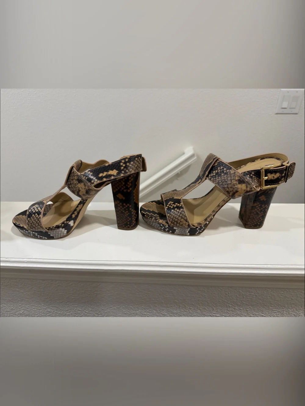 MICHAEL Michael Kors Tan and Black Snake-Print T-Strap Block Heel Sandals
